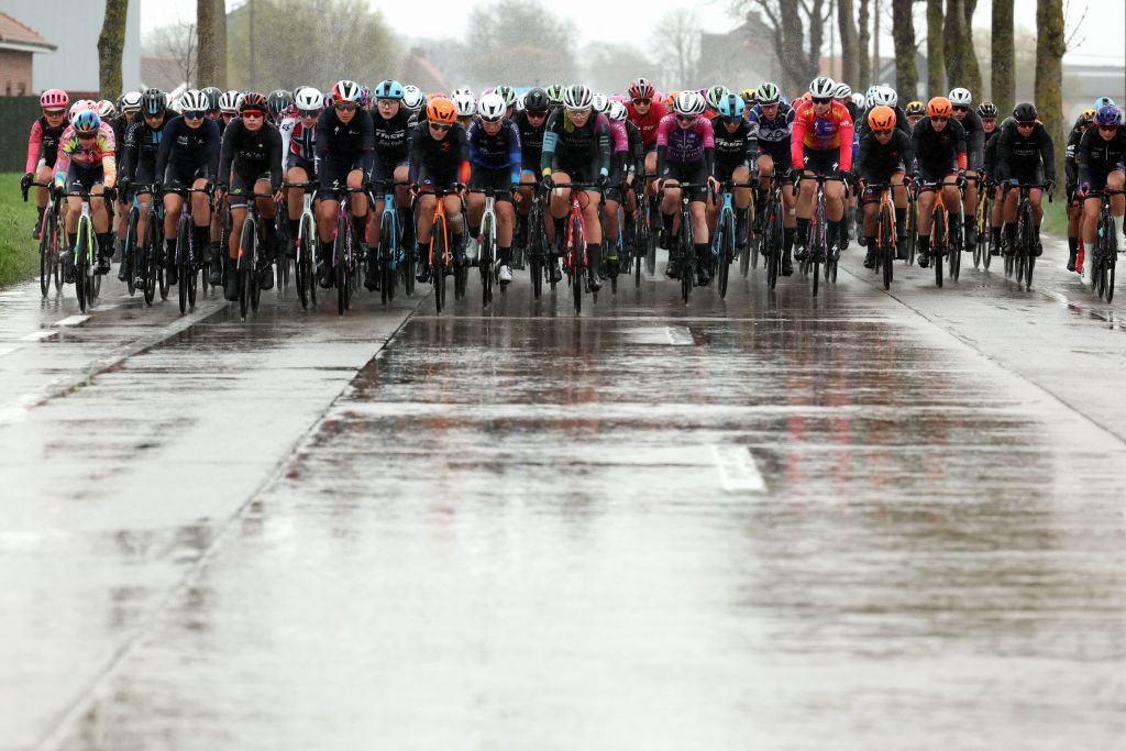 The pack of riders pictured in action during the womens GentWevelgem In Flanders Fields cycling race 1625 km from Ieper to Wevelgem Sunday 26 March 2023 BELGA PHOTO DAVID PINTENS Photo by DAVID PINTENS BELGA MAG Belga via AFP Photo by DAVID PINTENSBELGA MAGAFP via Getty Images