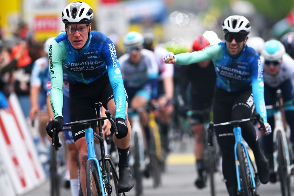 FRIBOURG SWITZERLAND APRIL 24 Stage winner Dorian Godon of France and Decathlon AG2R La Mondiale Team crosses the finish line during the 77th Tour De Romandie 2024 Stage 1 a 1657km stage from Chateau dOex to Fribourg UCIWT on April 24 2024 in Fribourg Switzerland Photo by Luc ClaessenGetty Images
