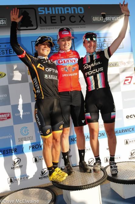 Women&rsquo;s podium on day 1 in Gloucester (L to R): Crystal Anthony (Optum p/b Kelly Benefit Strategies) 3rd, Elle Anderson (California Giant Strawberries/ Specialized) 1st, Gabby Durrin (Rapha Focus) 2nd