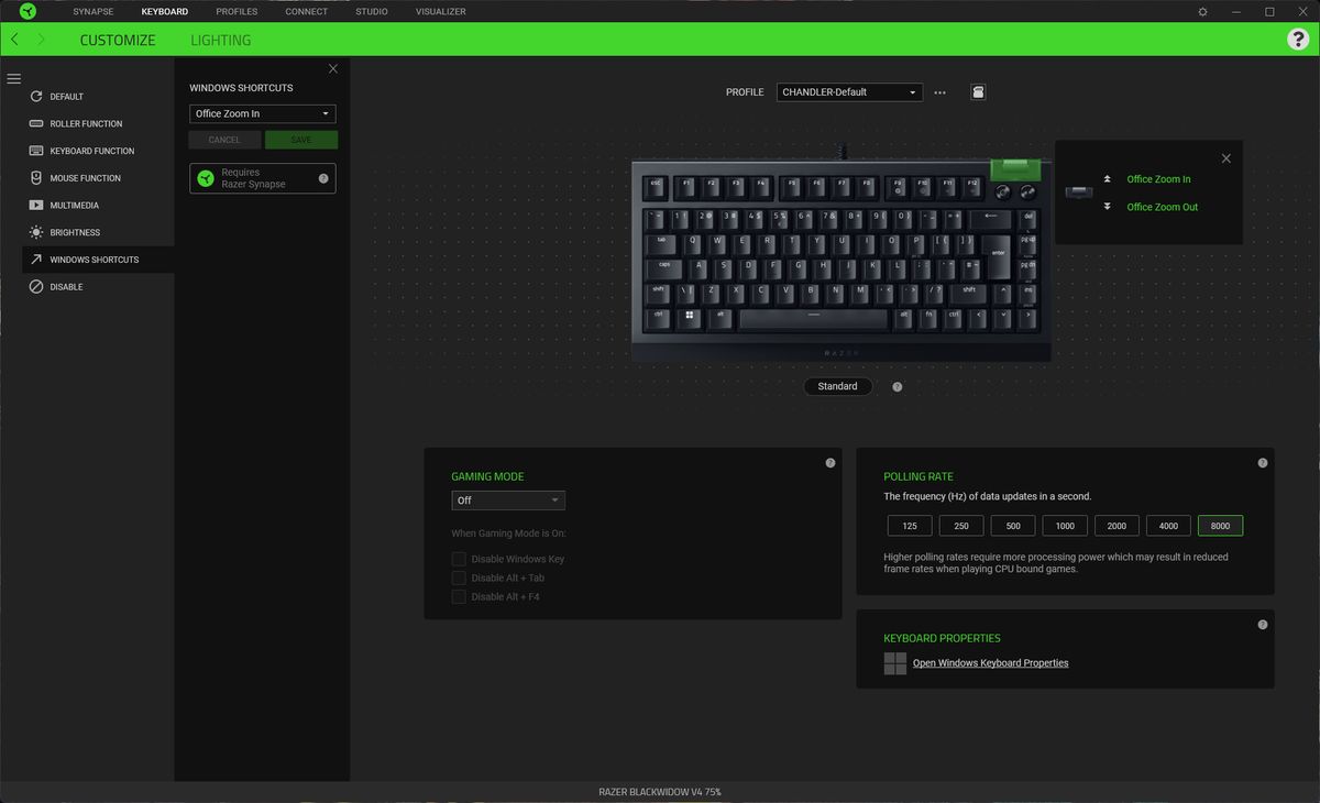 Razer BlackWidow V4 75% keyboard customization with Razer Synapse app
