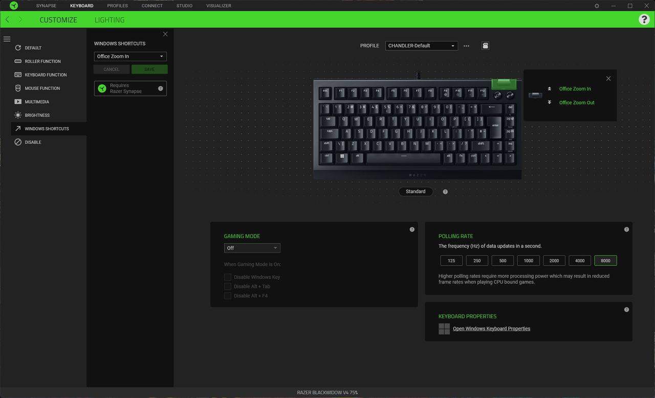Razer BlackWidow V4 75% keyboard customization with Razer Synapse app