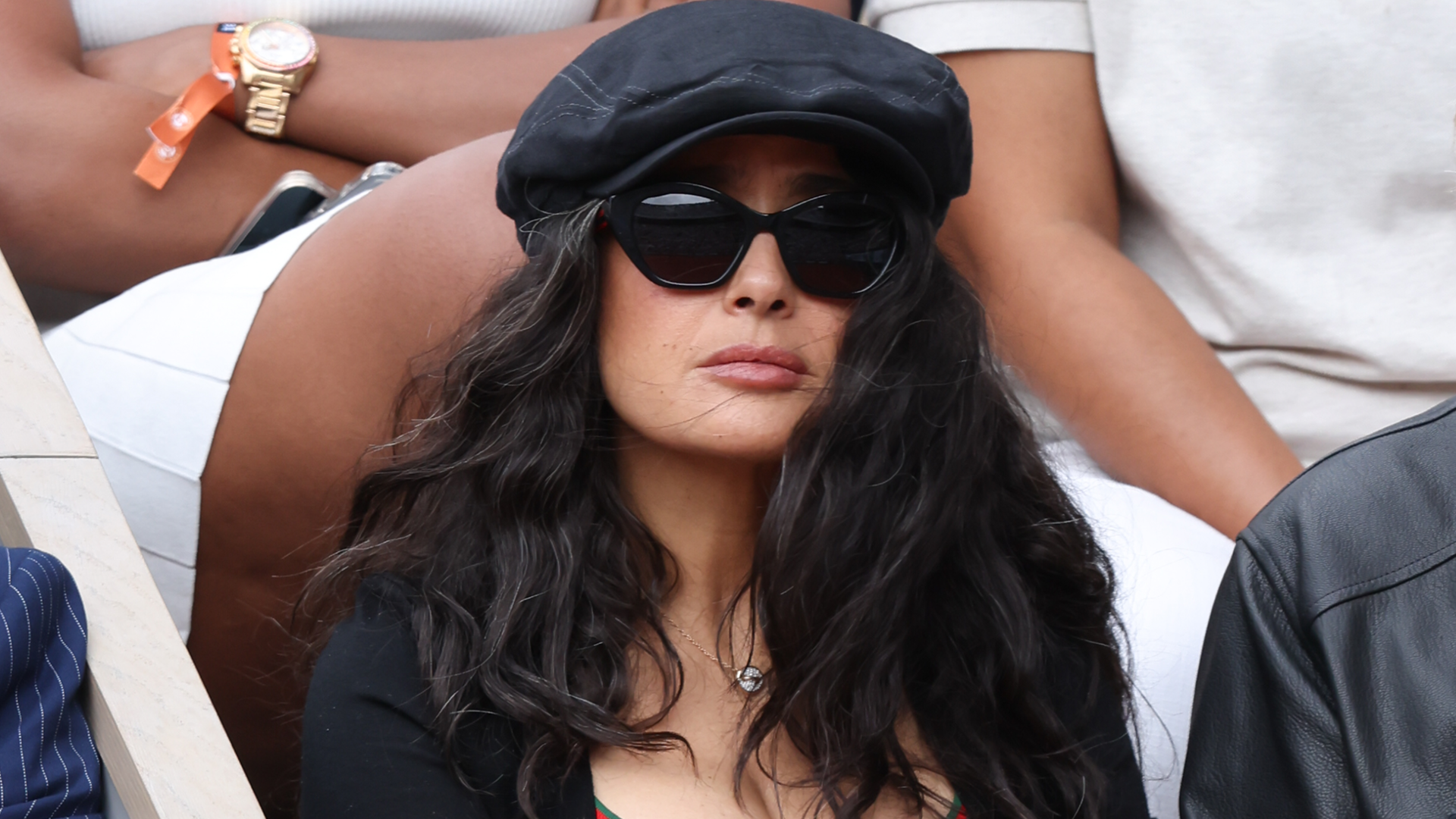 Salma Hayek attended the 2026 French Open in a leather take on the Bermuda shorts trend