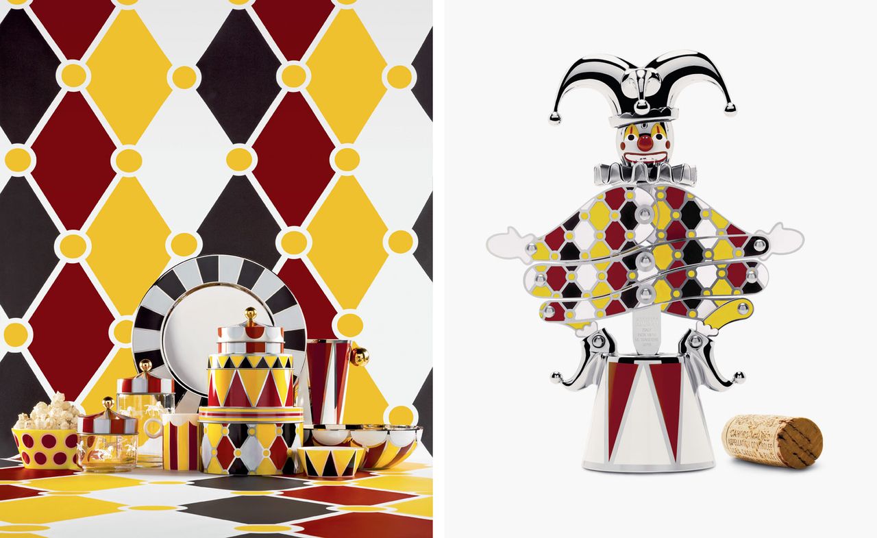 Left: the adventurous patterns of the tableware collection. Right: the &#039;Jester&#039; corkscrew, one of the five character-based limited edition pieces