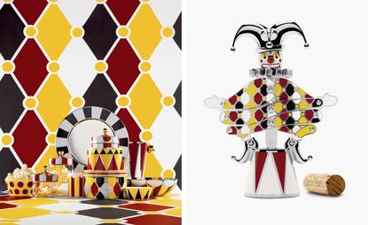 Left: the adventurous patterns of the tableware collection. Right: the 'Jester' corkscrew, one of the five character-based limited edition pieces