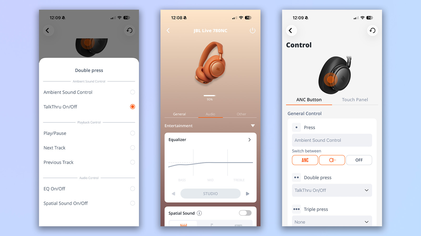 three screenshots from the jbl headphones app showing customization with the jbl live 780nc