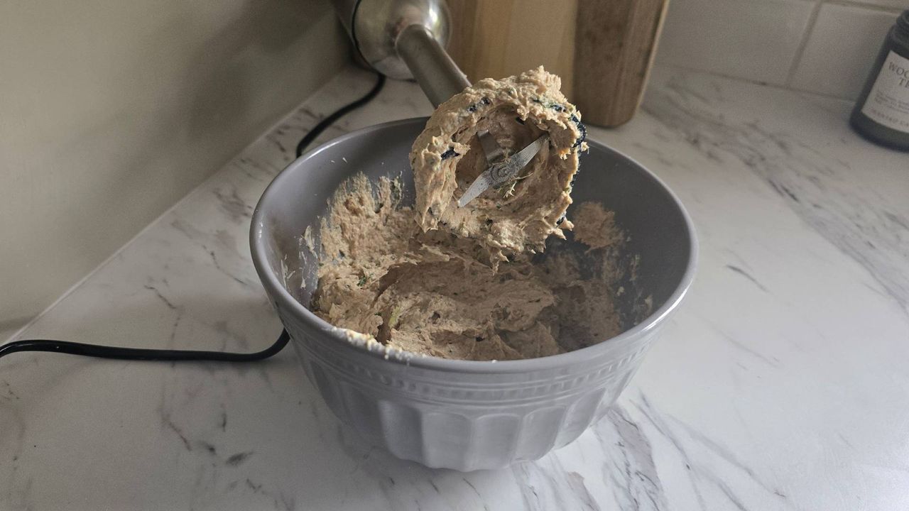 Dualit hand blender with mackerel pate caught in wand