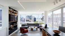 A gray couch with cushion on top in a NYC apartment 