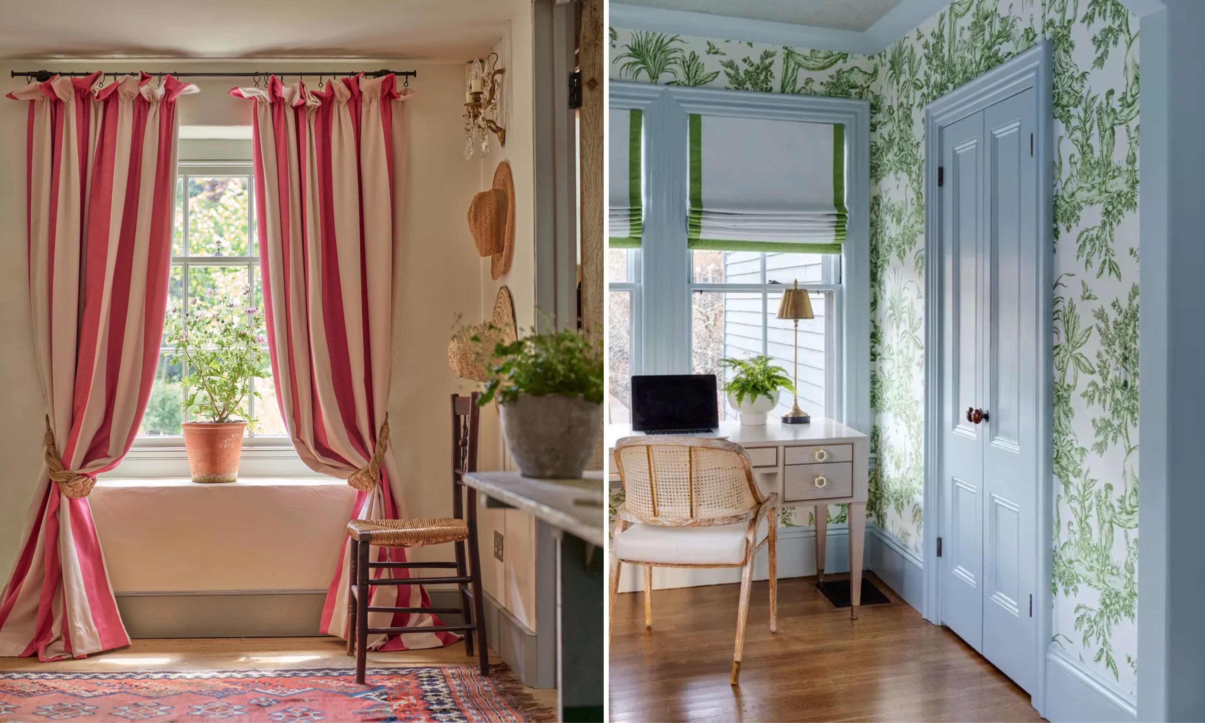 On the left, a rustic, warm-toned room features floor-length curtains. To the right, a bright, traditional office displays Roman shades in white with a bold green border