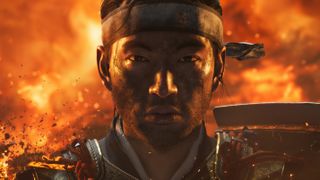 Nærbillede af en kriger foran en brændende baggrund i Ghost of Tsushima