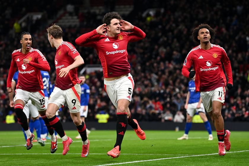 Harry Maguire of Manchester United celebrates scoring his team&#039;s third goal during the Premier League match between Manchester United FC and Ipswich Town FC at Old Trafford on February 26, 2025 in Manchester, England