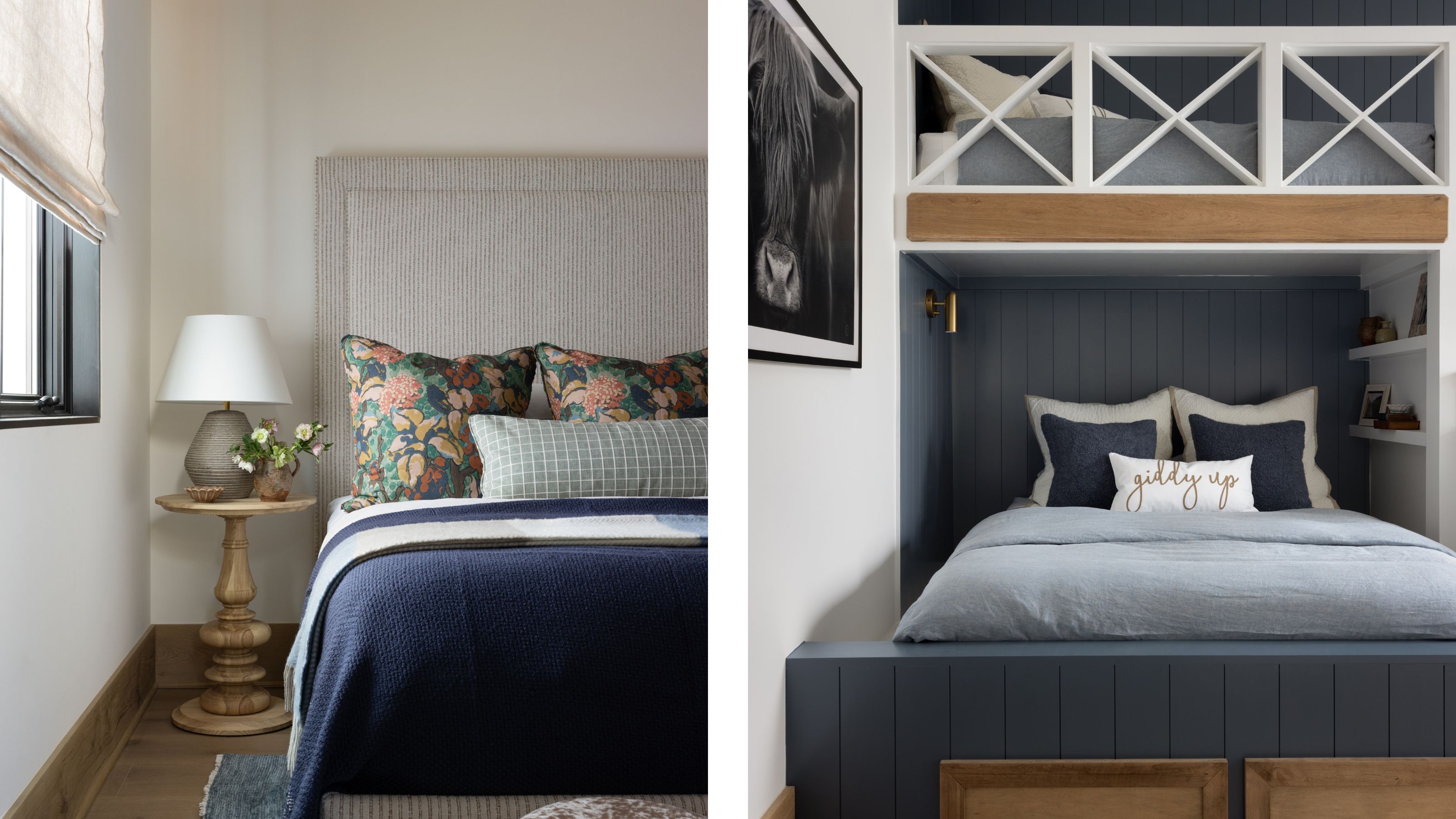 Side-by-side view showing a guest bed with a tall upholstered headboard and floral pillows on the left, and a built-in navy blue bunk bed setup on the right.