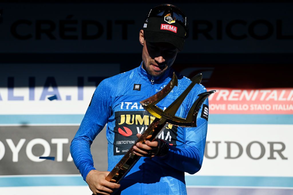 SAN BENEDETTO DEL TRONTO ITALY MARCH 12 Primoz Roglic of Slovenia and Team Jumbo Visma celebrates at podium as Blue Leader Jersey winner with the trident trophy during the 58th TirrenoAdriatico 2023 Stage 7 a 154km stage from San Benedetto del Tronto to San Benedetto del Tronto UCIWT TirrenoAdriatico on March 12 2023 in San Benedetto del Tronto Italy Photo by Tim de WaeleGetty Images