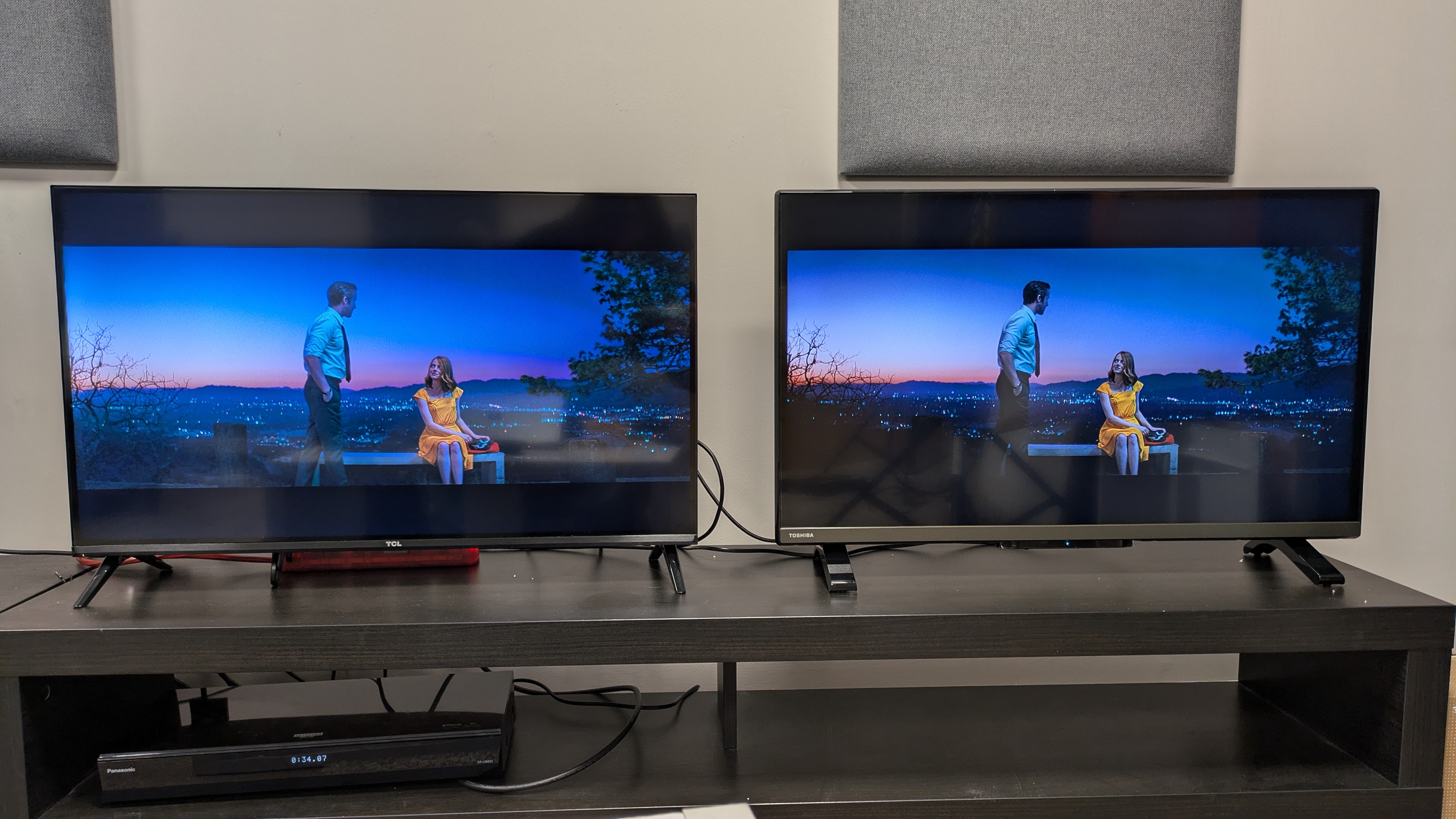 TCL S5400 and Toshiba LF2F53DB with La La Land on screen in Standard picture mode 