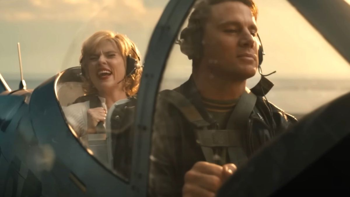 Scarlett Johansson and Channing Tatum are shown in a small plane in the trailer for Fly Me to the Moon.