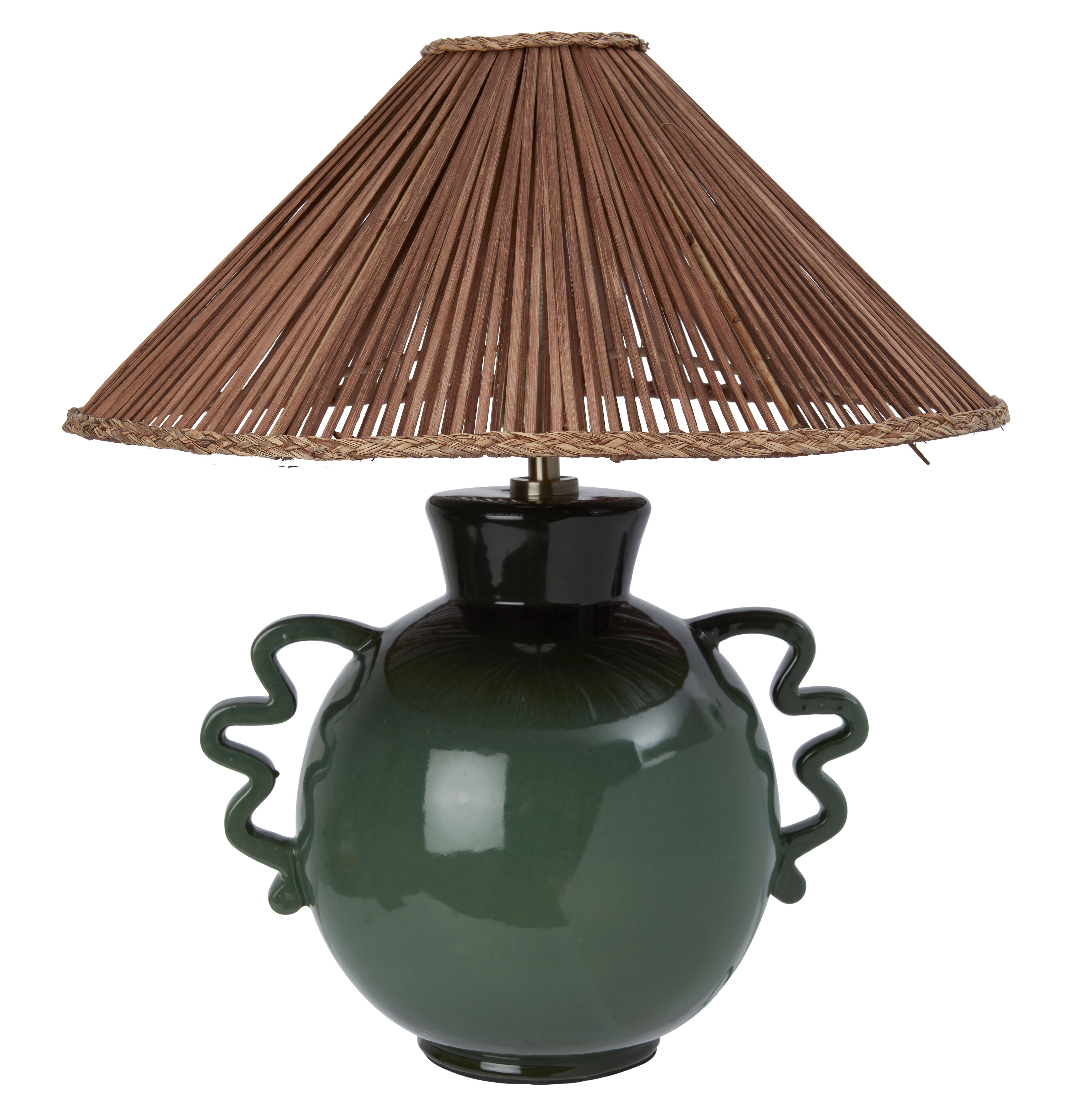 a green lamp with wiggle handles and a rattan lampshade