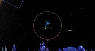 The ouline of a large orange circle hangs in a black starry sky. Withink, the quarter moon and a cluster of bright points labeled m 45.