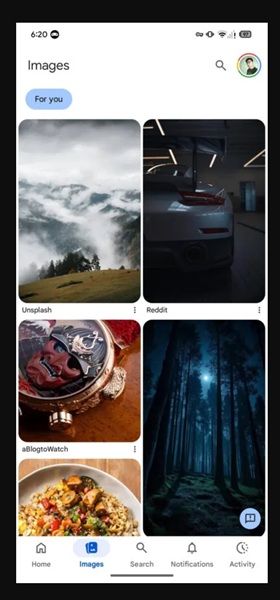 An example of Google's rumored "Images" tab, which will show a rolling feed of photos based on your interests.
