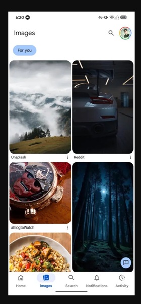 An example of Google's rumored "Images" tab, which will show a rolling feed of photos based on your interests.