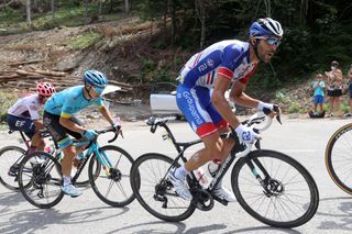 Thibaut Pinot (Groupama-FDJ) pushes hard to retain the race lead he acquired following the withdrawal of overnight leader Primoz Roglic on stage 5 of the 2020 Critérium du Dauphiné