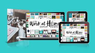 Laptops and tablets displaying the Work At Home super bundle landing page