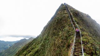 Hikers on the Haiku stairs, otherwise known as Stairway to Heaven, on Oahu, Hawaii