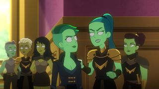 cartoon green-skinned humanoids talk to one another in an ornately decorated throne room