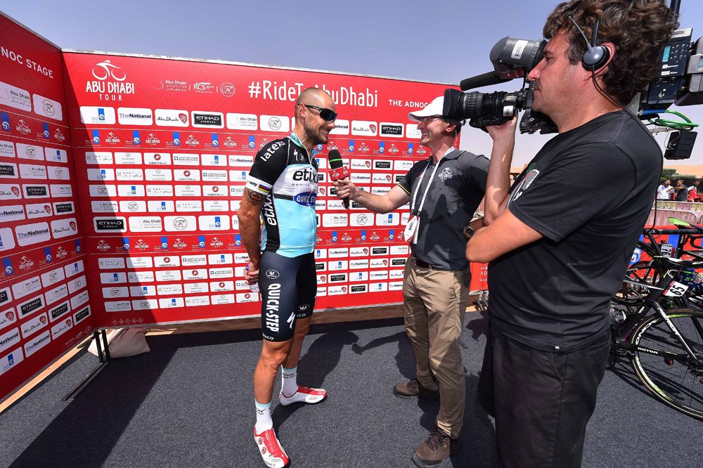 Tom Boonen talks to the press at the start of the Abu Dhabi Tour