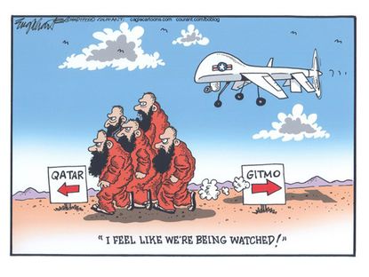 Editorial cartoon Taliban prisoners drone