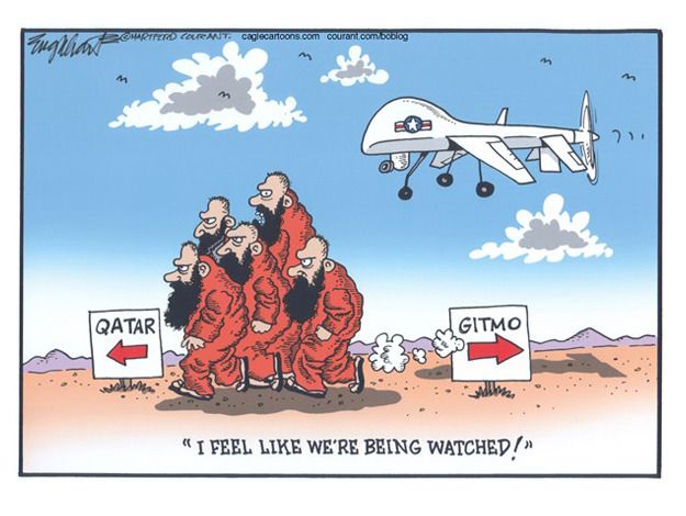 Editorial cartoon Taliban prisoners drone