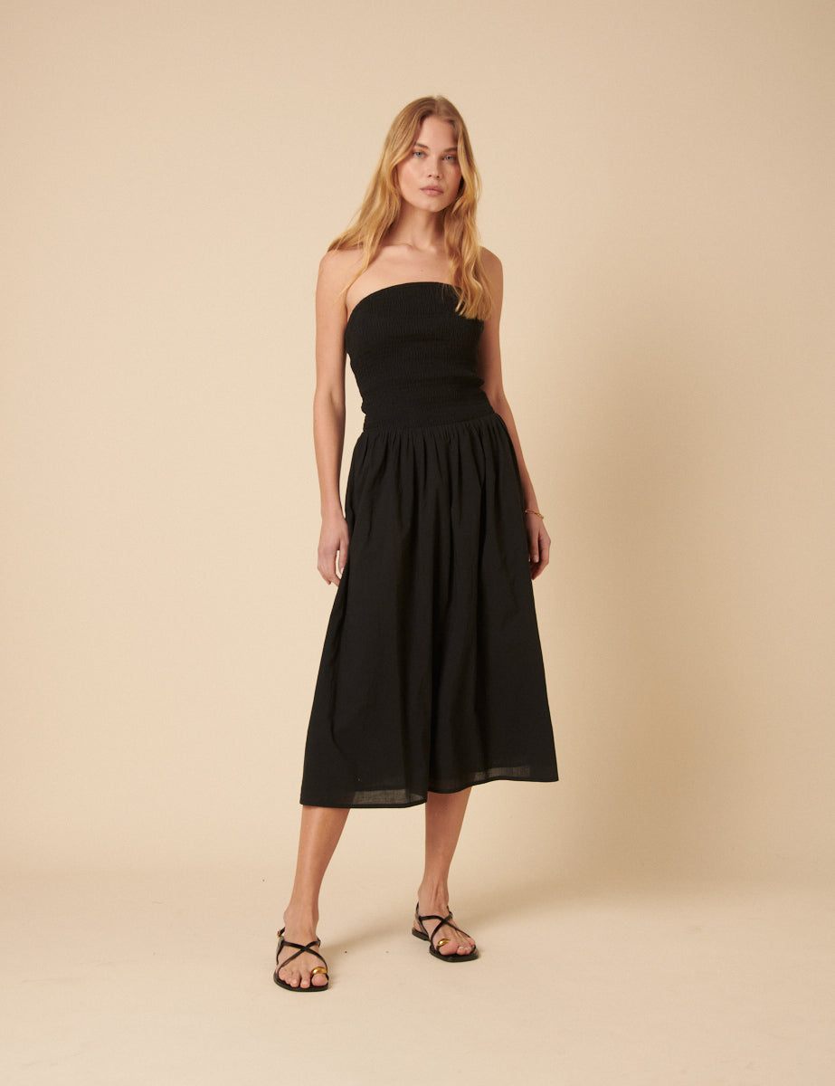 Black Shirred Bandeau Sylvia Midi Dress