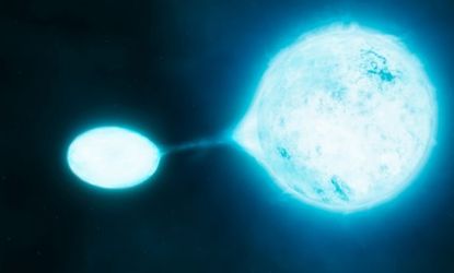 An artist's rendition of a "vampire star" sucking gas from another star so that it can become bigger and brighter.