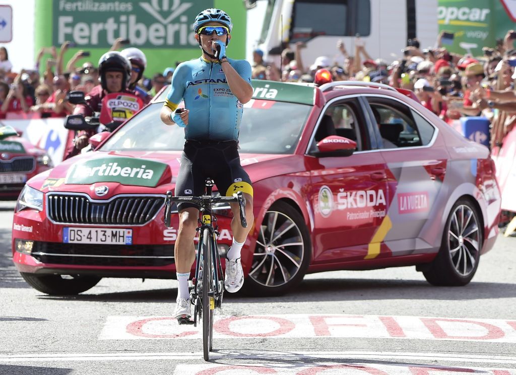 Miguel Angel Lopez celebrates victory on stage 15 of the Vuelta a Espa&ntilde;a.