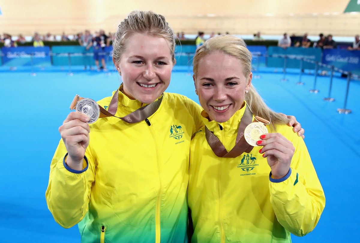 Stephanie Morton and Kaarle McCulloch with their medals from the 500 metre TT