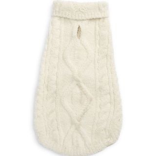 A product image of a cream cable-knit dog sweater, for Christmas sweaters for dogs.