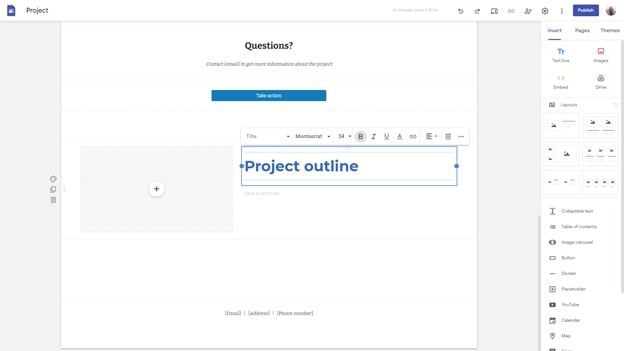 Google Sites' website builder interface in use