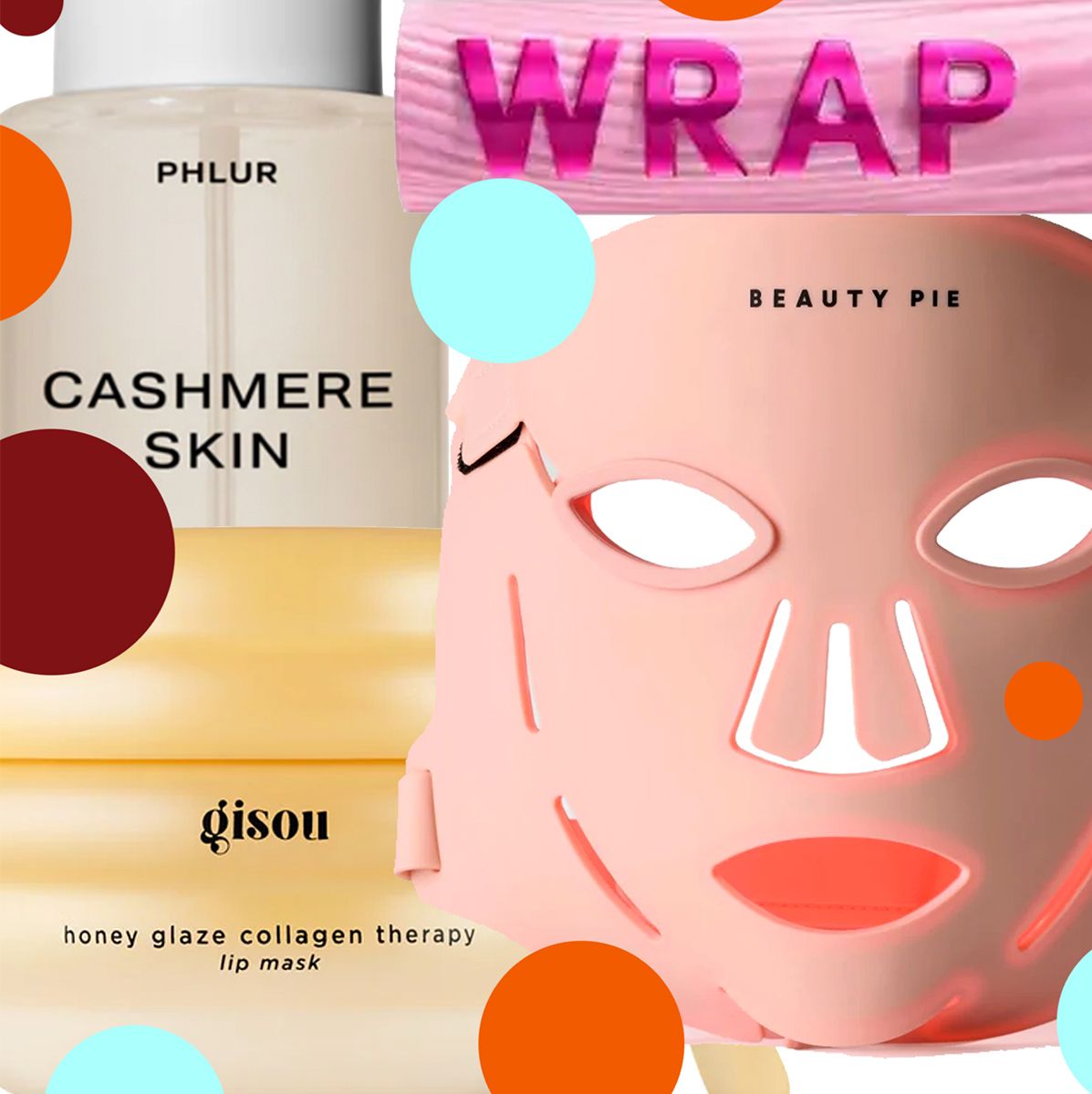collage of beautypie The Dynamo Deep LED Collagen-Boosting Mask, Phlur Cashmere Skin - Body Mist, CoverGirl Eye Enhancer Wrap Tubing Mascara, Gisou Honey Glaze Collagen Therapy Lip Mask on white background with blue, red, and orange polka dots 