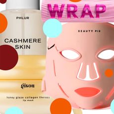 collage of beautypie The Dynamo Deep LED Collagen-Boosting Mask, Phlur Cashmere Skin - Body Mist, CoverGirl Eye Enhancer Wrap Tubing Mascara, Gisou Honey Glaze Collagen Therapy Lip Mask on white background with blue, red, and orange polka dots 
