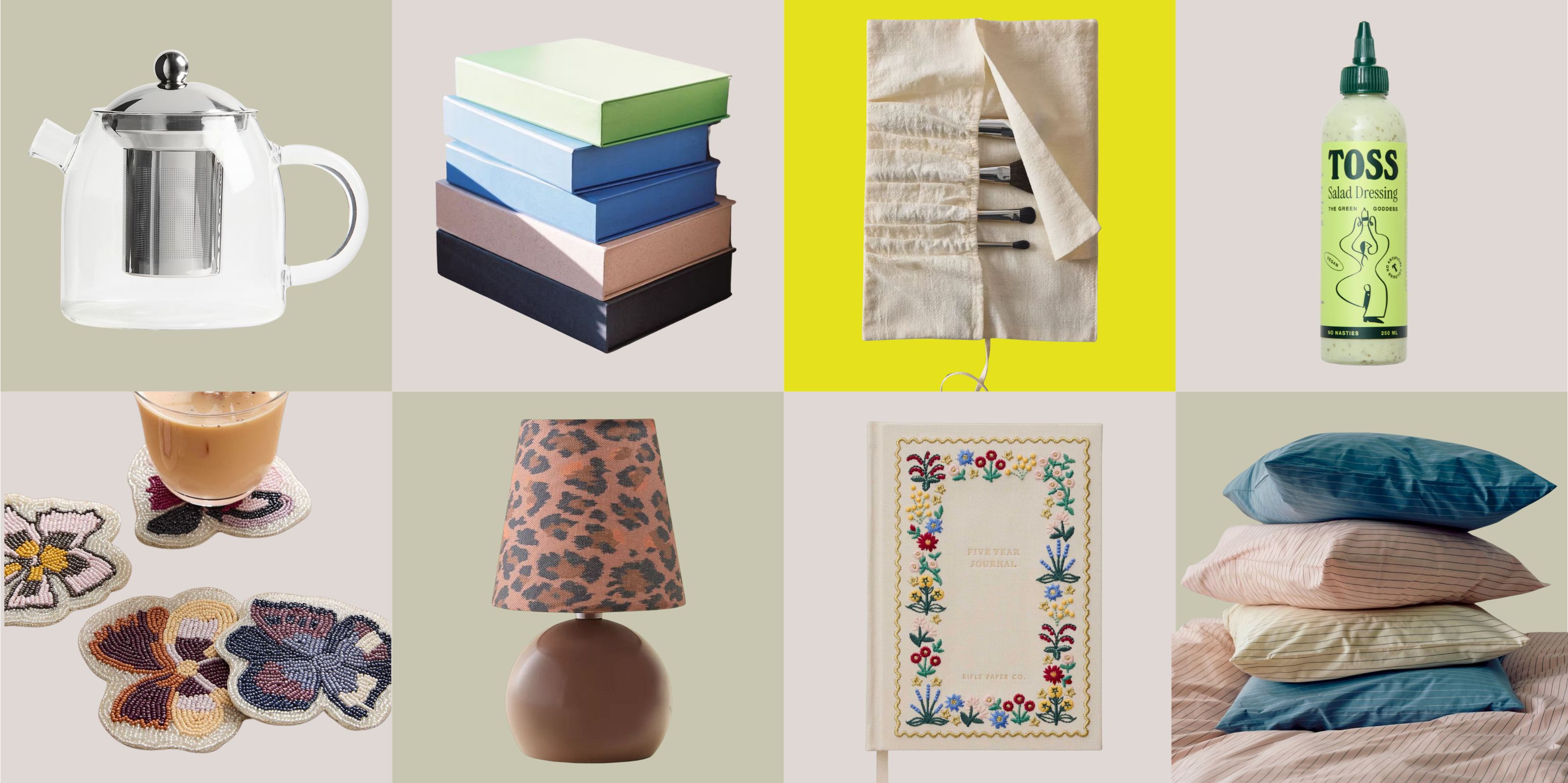 2x4 pink and sage checkerboard that has different homeware products in each box. 