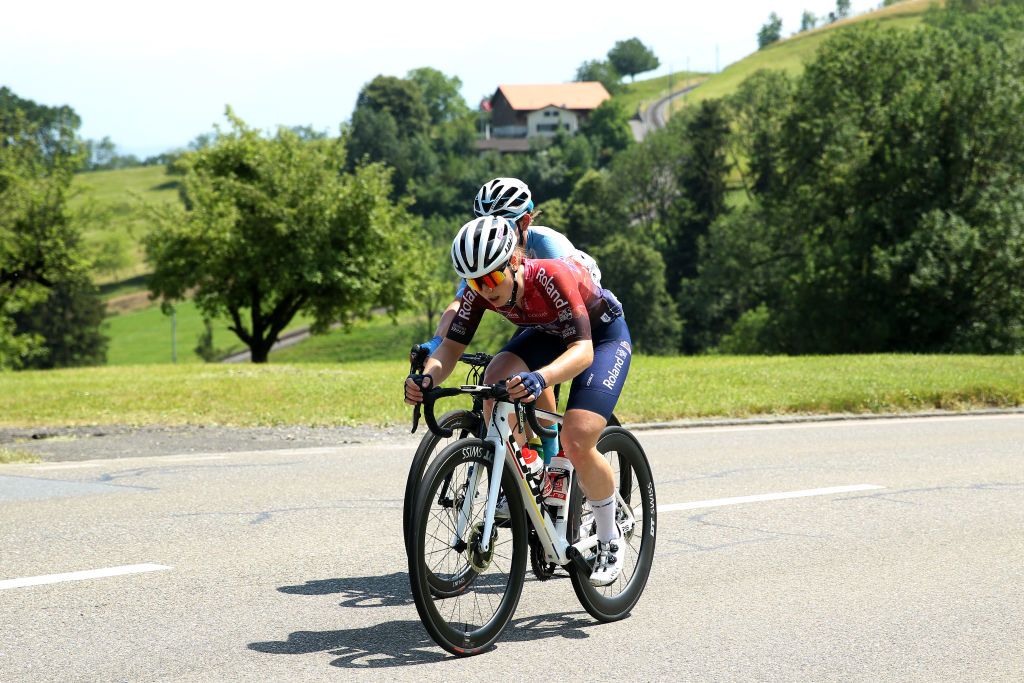 CHUR SWITZERLAND JUNE 20 LR Aline Seitz of Switzerland and Team Roland Cogeas Edelweiss Squad and Christa Riffel of Germany and Team Coop Hitec Products compete in the breakaway during the 2nd Tour de Suisse Women 2022 Stage 3 a 1242km stage from Vaduz to Chur on June 20 2022 in Chur Switzerland Photo by Heinz ZwickyGetty Images
