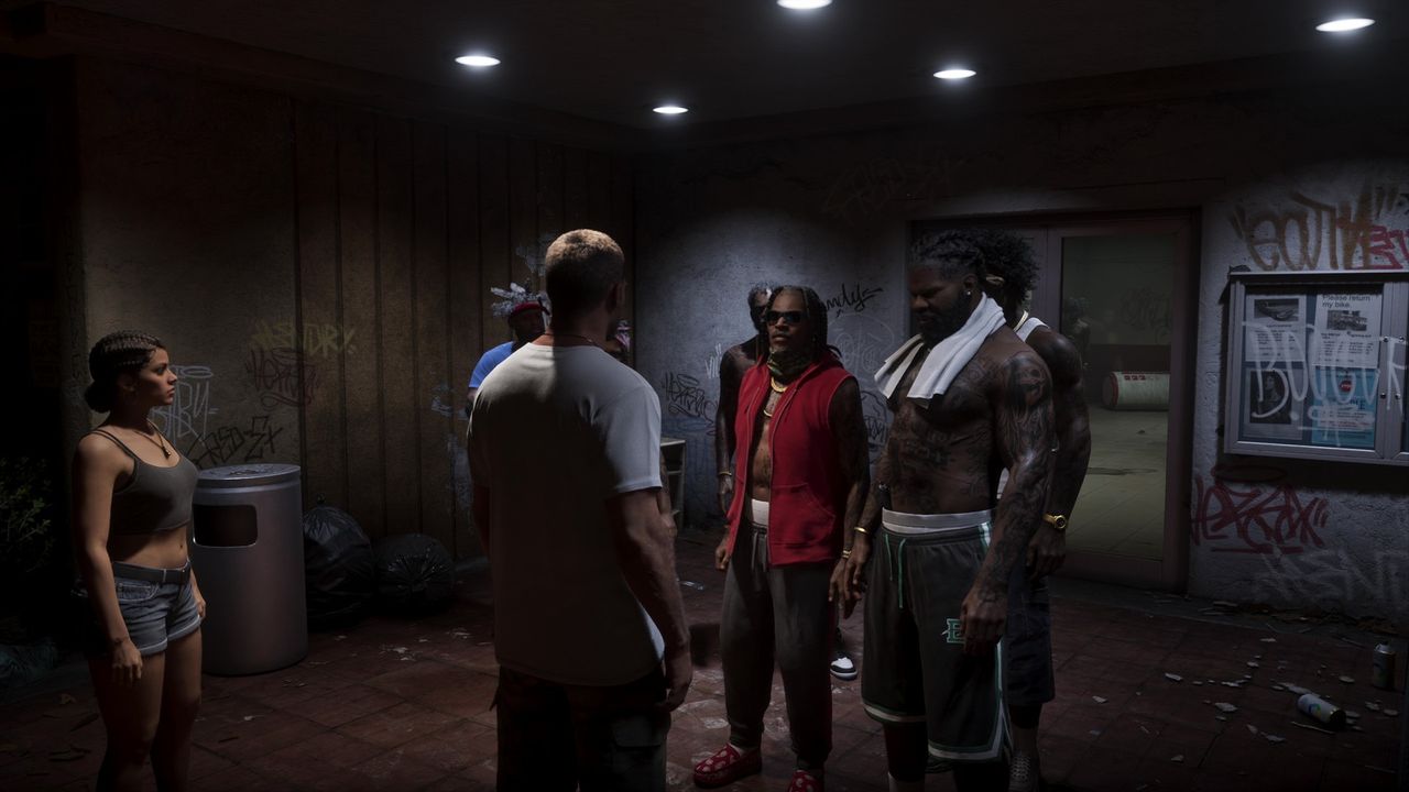 Lucia and Jason speak with gang members at a drug lab, from the GTA 6 extended look