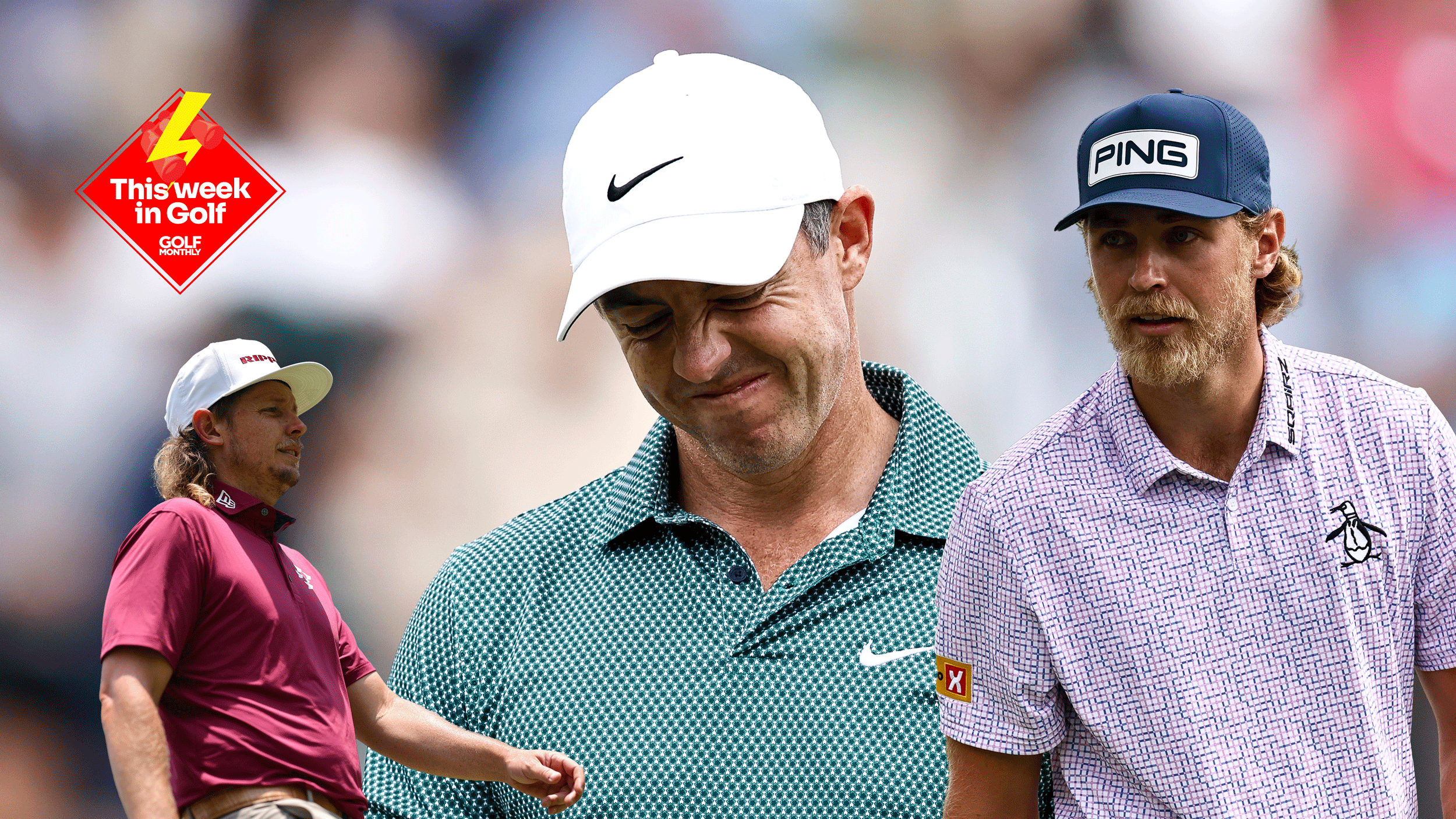 (L to R) Cameron Smith walks along, Rory McIlroy screws his face up and Kristoffer Reitan look on with a This Week In Golf sticker in the top-left corner