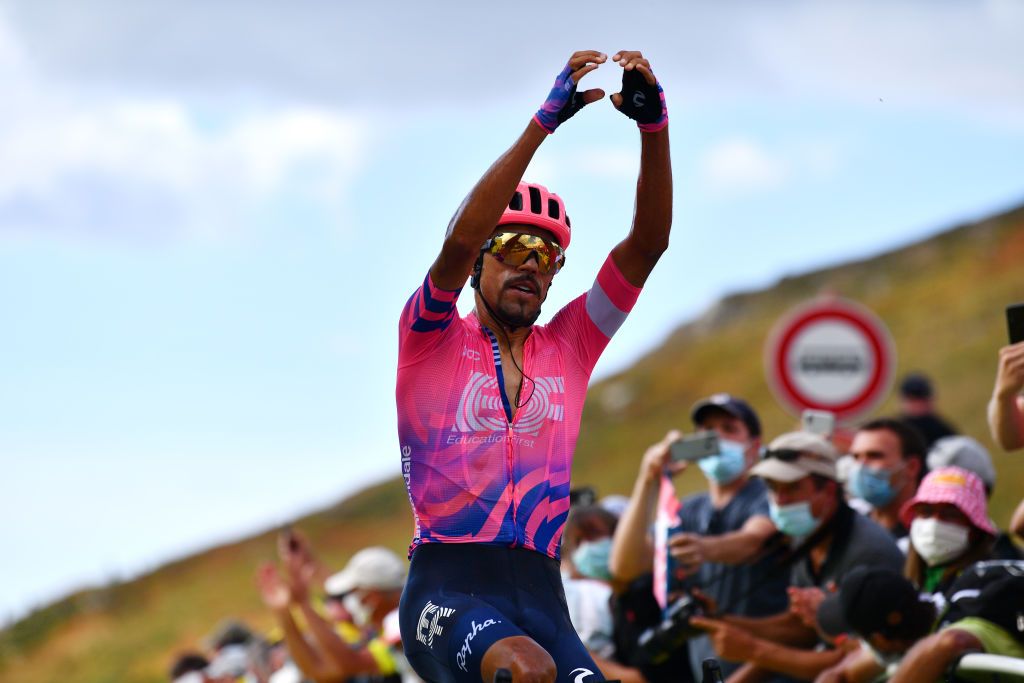 CANTAL FRANCE SEPTEMBER 11 Arrival Daniel Felipe Martinez Poveda of Colombia and Team EF Pro Cycling Celebration during the 107th Tour de France 2020 Stage 13 a 1915km stage from ChtelGuyon to Pas de PeyrolLe Puy Mary Cantal 1589m TDF2020 LeTour on September 11 2020 in Cantal France Photo by Stuart FranklinGetty Images