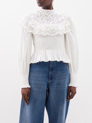 Serita Floral-Lace Smocked Cotton Top