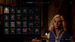 Avowed character creation screen with blonde haired fem presenting character with pink fungi on eyebrows