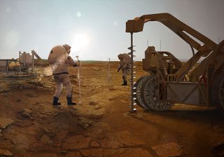 astronauts work alongside a drill and other large equipment on the surface of mars