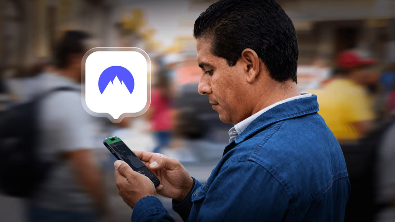 NordVPN image showing a person using NordVPN on their smartphone and the NordVPN logo displayed above it 