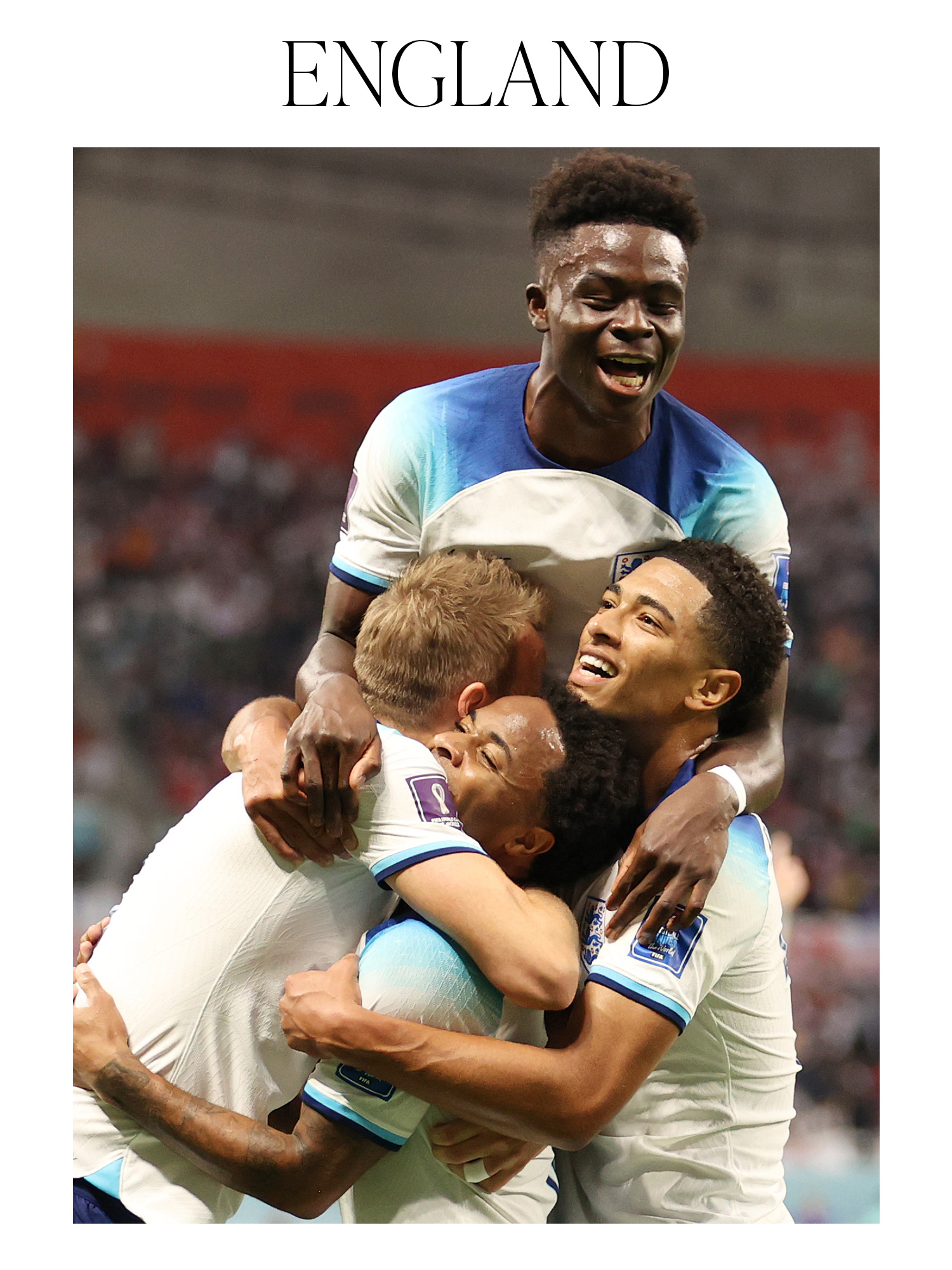 Raheem Sterling of England celebrates with teammates after scoring their team's third goal during the FIFA World Cup Qatar 2022 Group B match between England and IR Iran in November 2022 in Qatar.