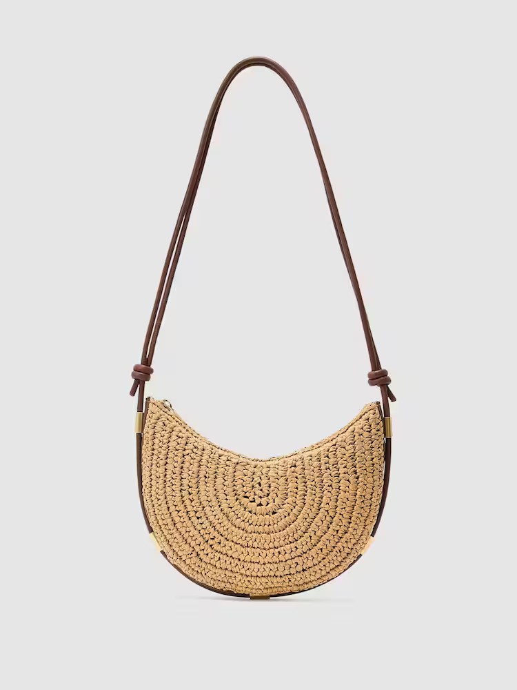 Reiss, Raffia-Effect Half-Moon Shoulder Bag