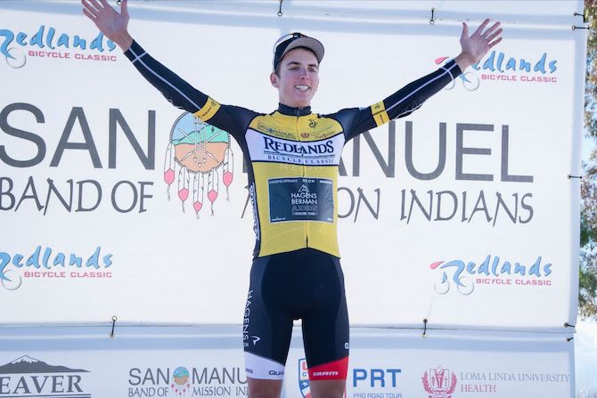 Hagens Berman Axeon's Sean Quinn holds the leader's jersey after stage 1 of the 2019 Redlands Bicycle Classic