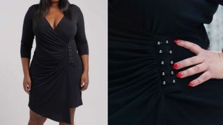 model wearing black faux wrap dress with close up waist shot of stud detailing